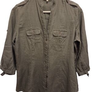RW & CO Olive Green 100%Linen Petite Blouse